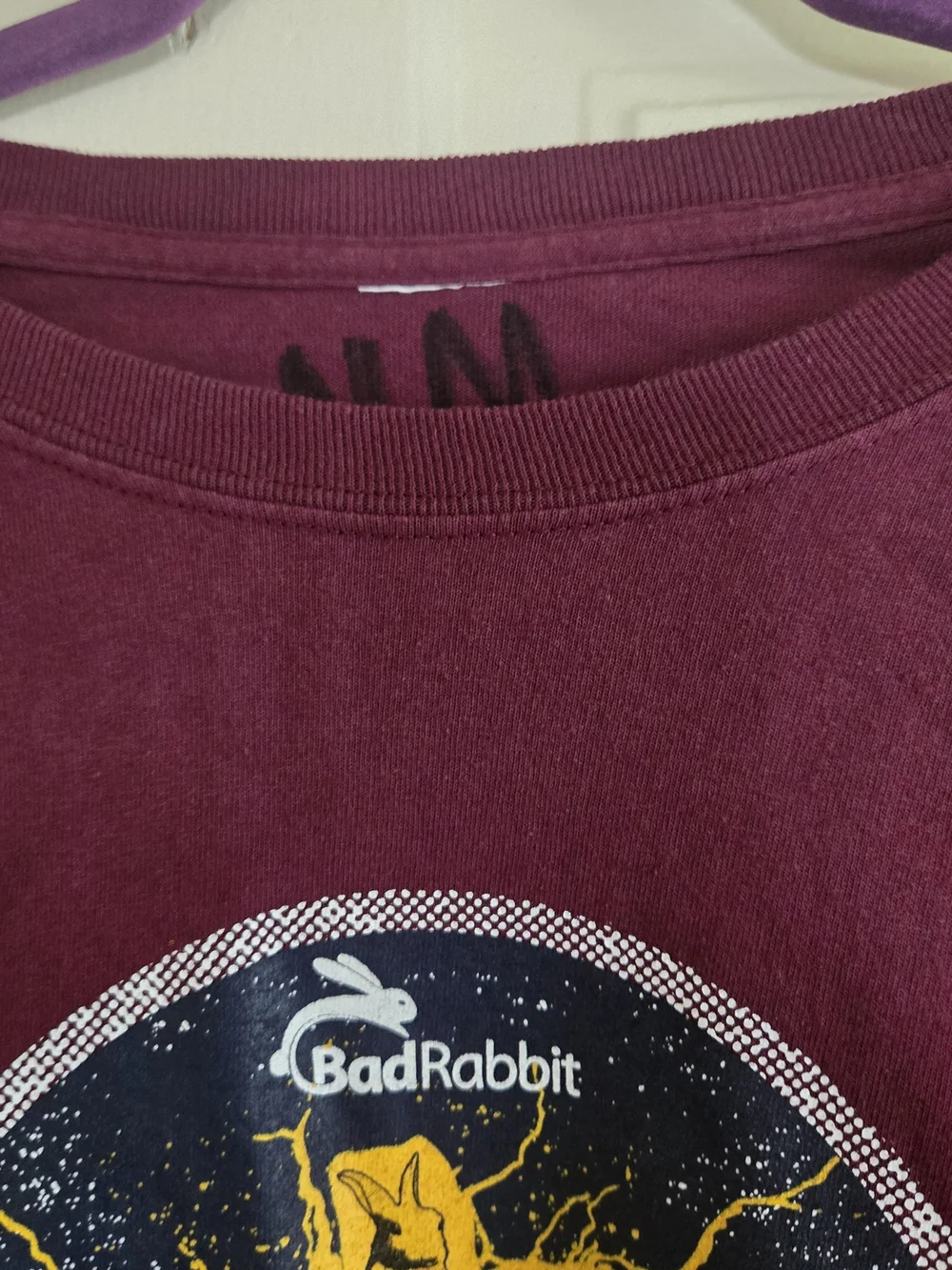 BadRabbit Men’s Burgundy Graphic Tee - Rabbit Playing Keyboard LARGE
